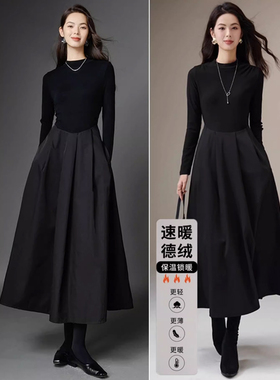 晚白2025秋冬爆款轻奢法式赫本风黑色裙子气质小黑裙长袖连衣裙女