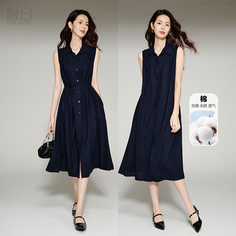 晚白2026年春夏新款简约翻领亚麻衬衫裙系带收腰宽松无袖连衣裙