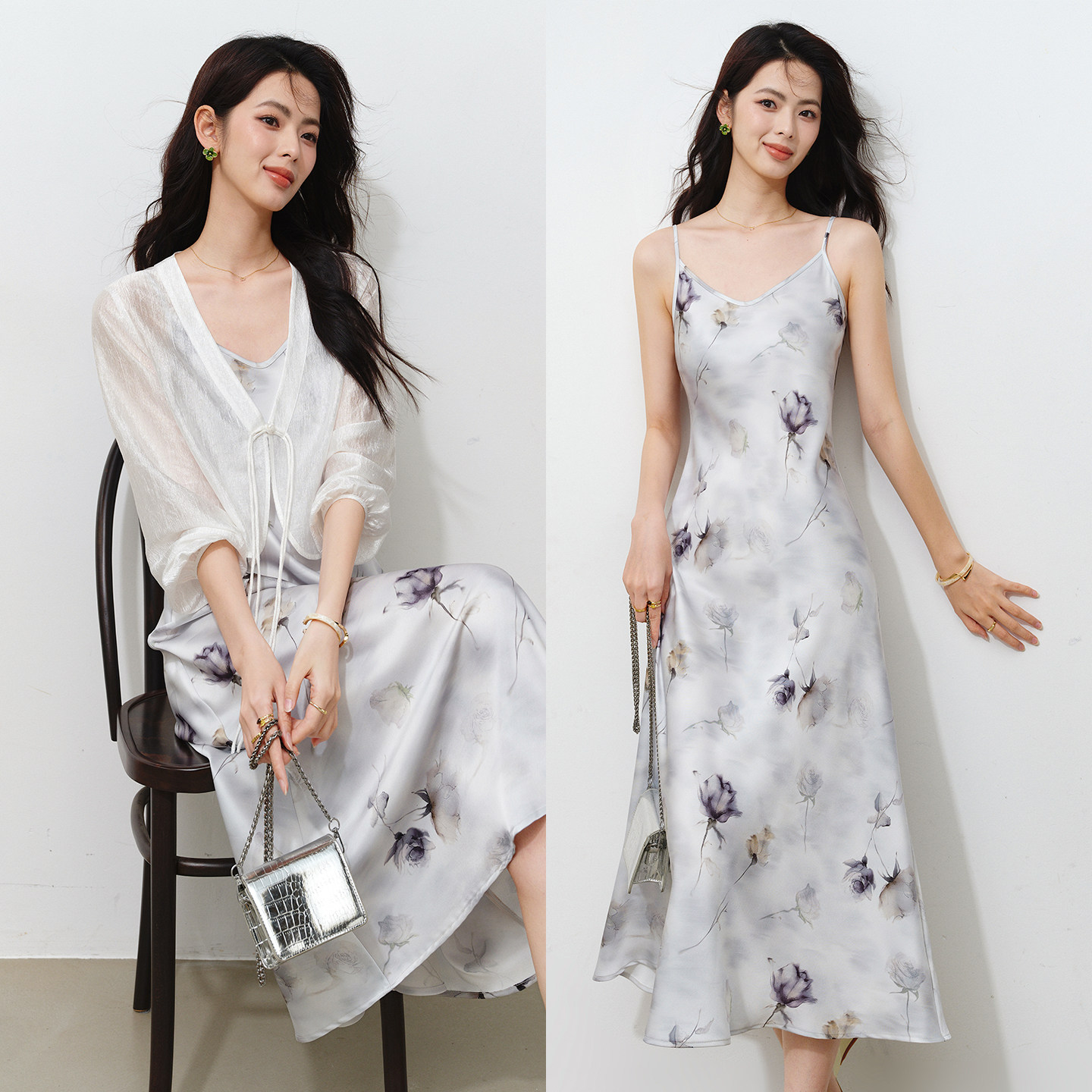 晚白水墨印花缎感垂顺吊带裙2026夏新款度假风今年流行漂亮连衣裙