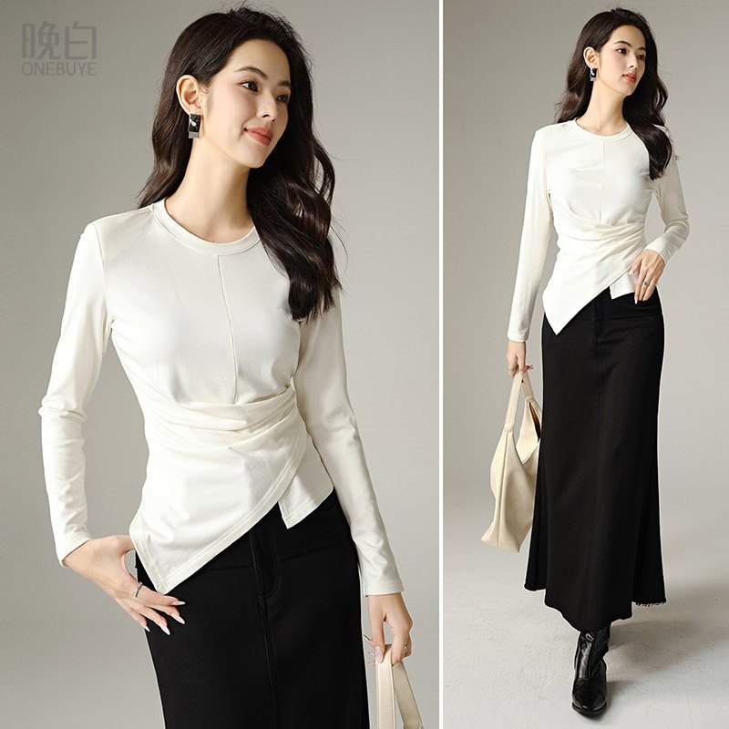 晚白2025秋冬新款时尚简约T圆领内搭可外穿叠穿设计感休闲T恤衫