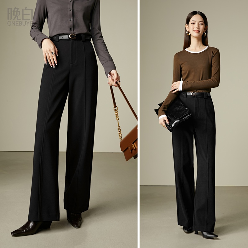 晚白纯色高腰阔腿加绒休闲裤