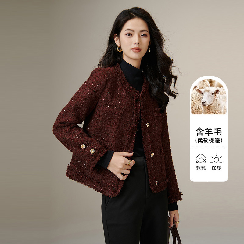 晚白2025秋冬新款新年圣诞小香风亮闪闪羊毛毛呢外套短款女上衣