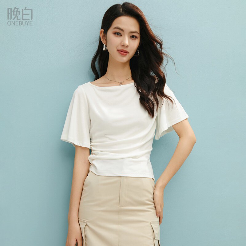 晚白2026年春新款简约圆领亲肤短袖上衣弹力收腰捏褶T恤衫女