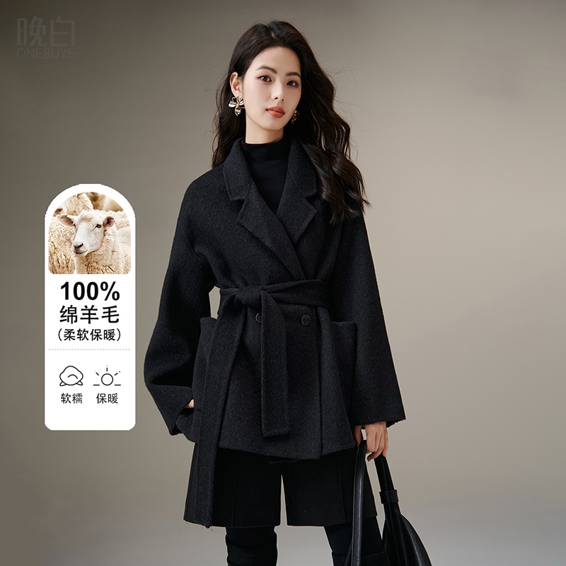 晚白纯色双面呢正肩羊毛大衣