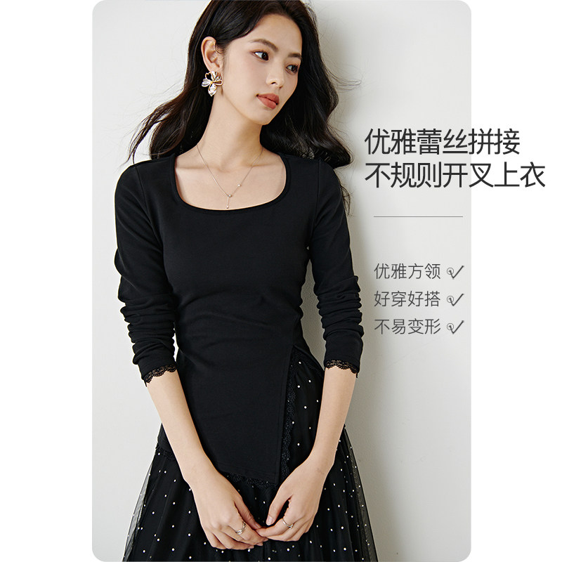 晚白2026年春新款气质方领棉料miu系上衣时尚拼接设计感T恤衫