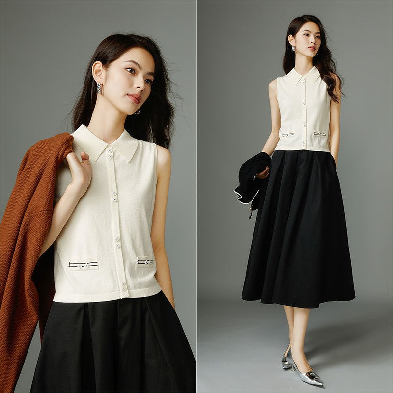 晚白2026新款小衫气质弹力上衣无袖针织衫翻领背心女内搭外穿女