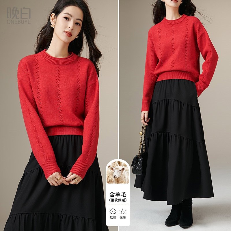 晚白2026年春新款时尚气质新年中国红毛衣宽松绵羊毛套头针织衫
