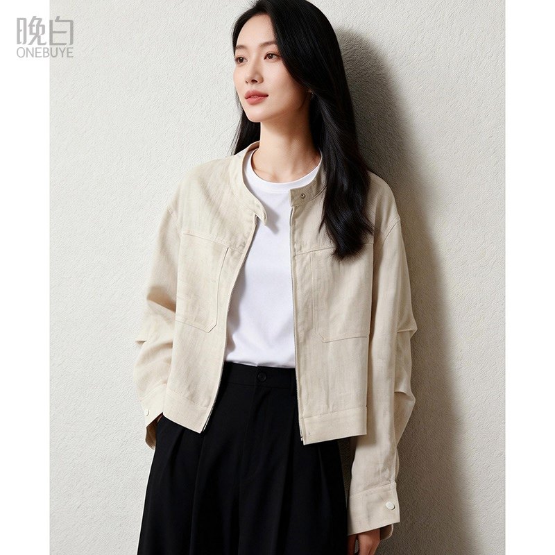 晚白2025年秋冬新款气质温婉小个子上衣莱赛尔亚麻百搭夹克外套女