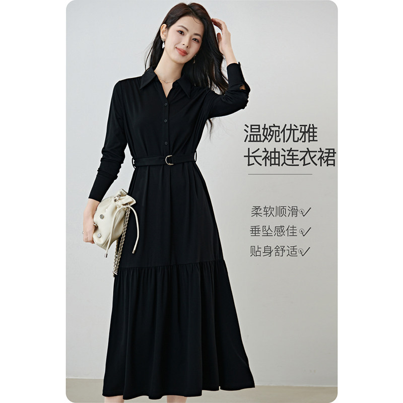 晚白2026年春新款经典简约翻领衬衫裙系带收腰利落干练连衣裙