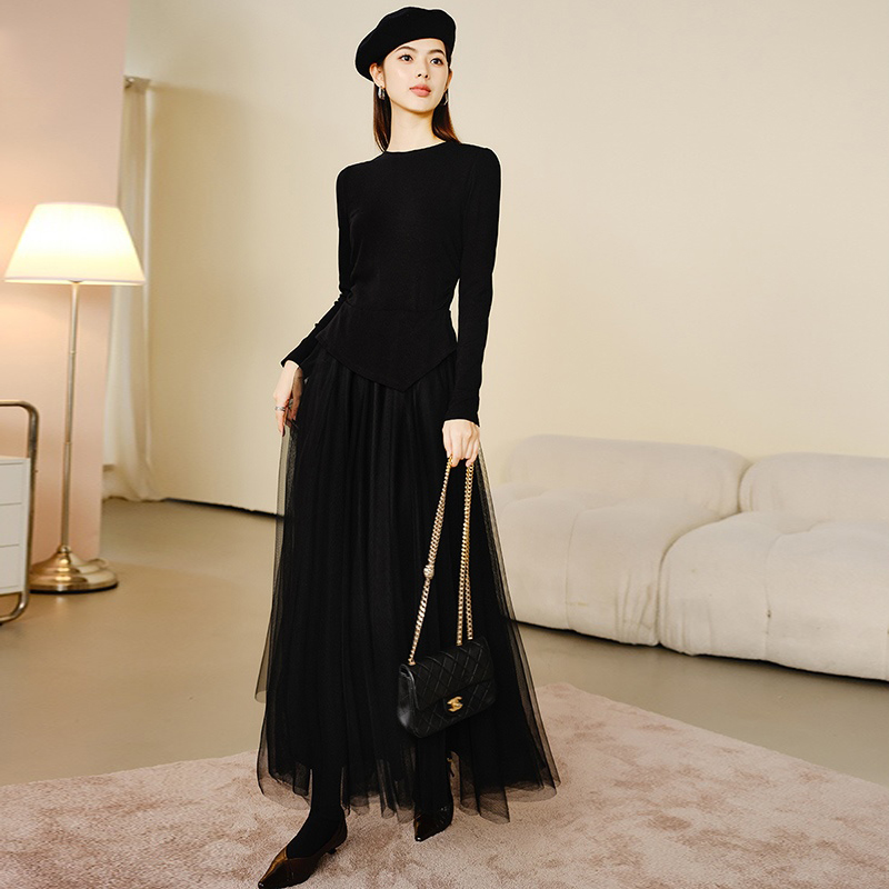 晚白纯色高腰大摆网纱连衣裙