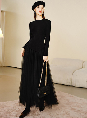 晚白2025年秋冬新款赫本风裙子休闲假两件拼接网纱黑色百搭连衣裙