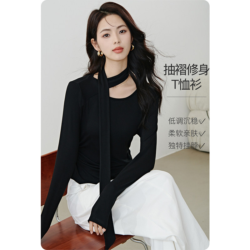 晚白2026年春新款圆领氛围感洋气飘带气质上衣修身显瘦T恤衫女