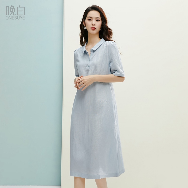 晚白纯色polo领亚麻连衣裙