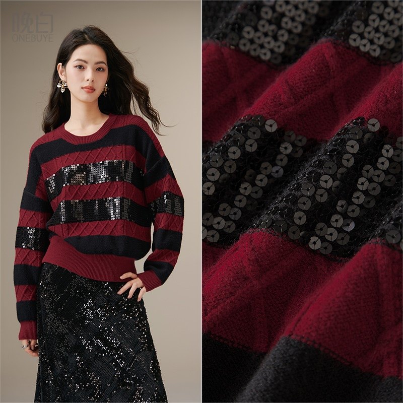 晚白2025年秋冬新款时尚圆领条纹新年上衣弹力大码亮片针织衫女