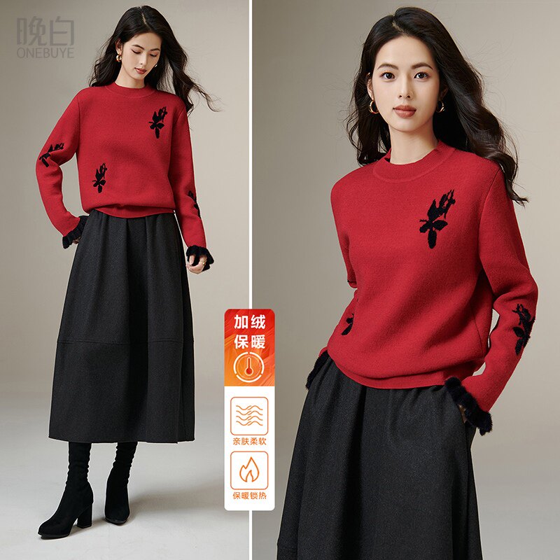 晚白冬款时尚气质中国红圆领毛衣宽松加绒保暖针织衫