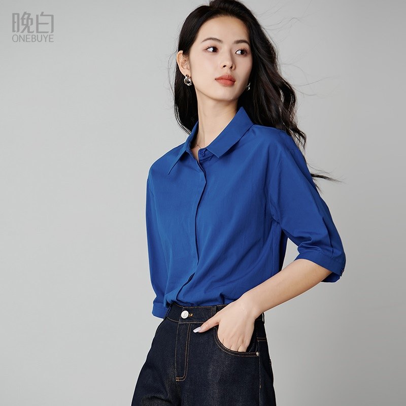 晚白2026年春新款时尚韩系显白蓝色衬衣经典翻领全棉舒适衬衫女,女装/女士精品,衬衫,淘宝优惠券,粉丝福利购,淘宝优惠卷
