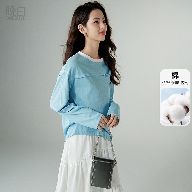 晚白圆领宽松棉质减龄T恤