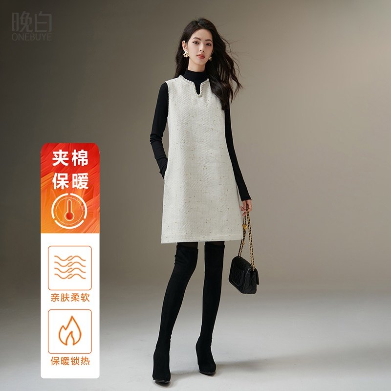 晚白2025年秋冬新款时尚小香风粗花呢连衣裙小众设计感夹棉背心裙