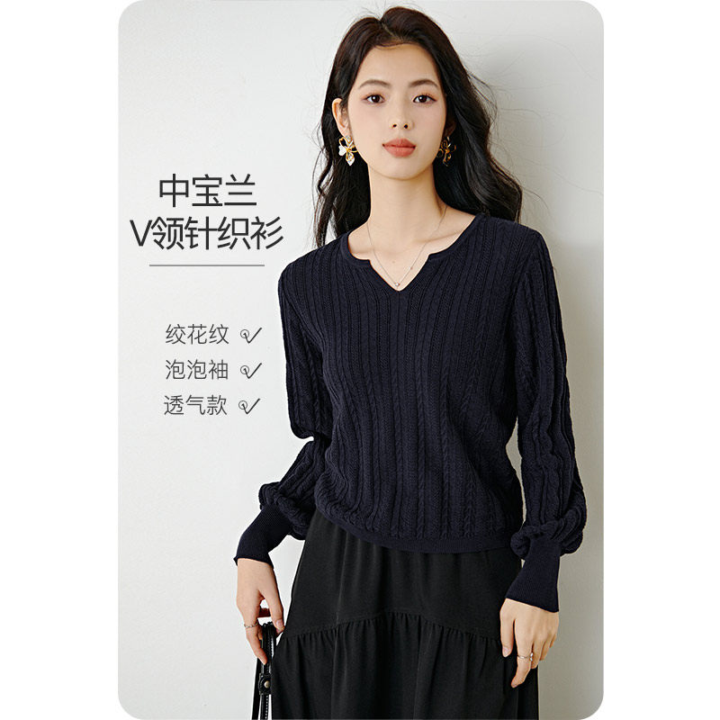 晚白2026年春新款时尚绞花V领棉质毛衣莱赛尔亲肤舒适针织衫女