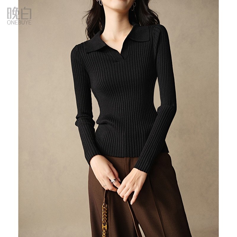 晚白2026年春新款时尚简约休闲上衣气质翻领显瘦针织衫女