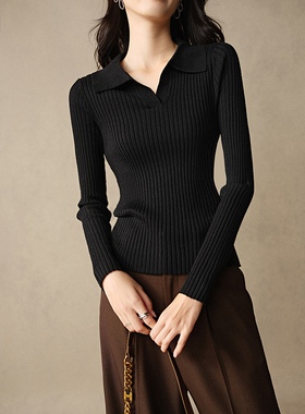 晚白2026年春新款时尚简约休闲上衣气质翻领显瘦针织衫女