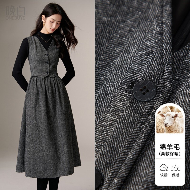 晚白2025年秋冬新款时尚复古羊毛裙格雷灰气质干练无袖连衣裙