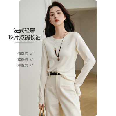 晚白甜美长袖T恤女圆领亮片小花