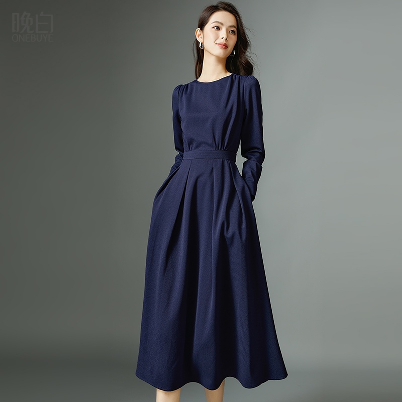 晚白2025春装季新款女装垂坠感高腰气质长裙长袖连衣裙女裙子