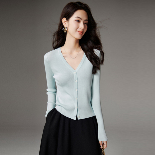 女 减龄显白显瘦上衣气质短针织开衫 晚白2025年秋新款 V领修身