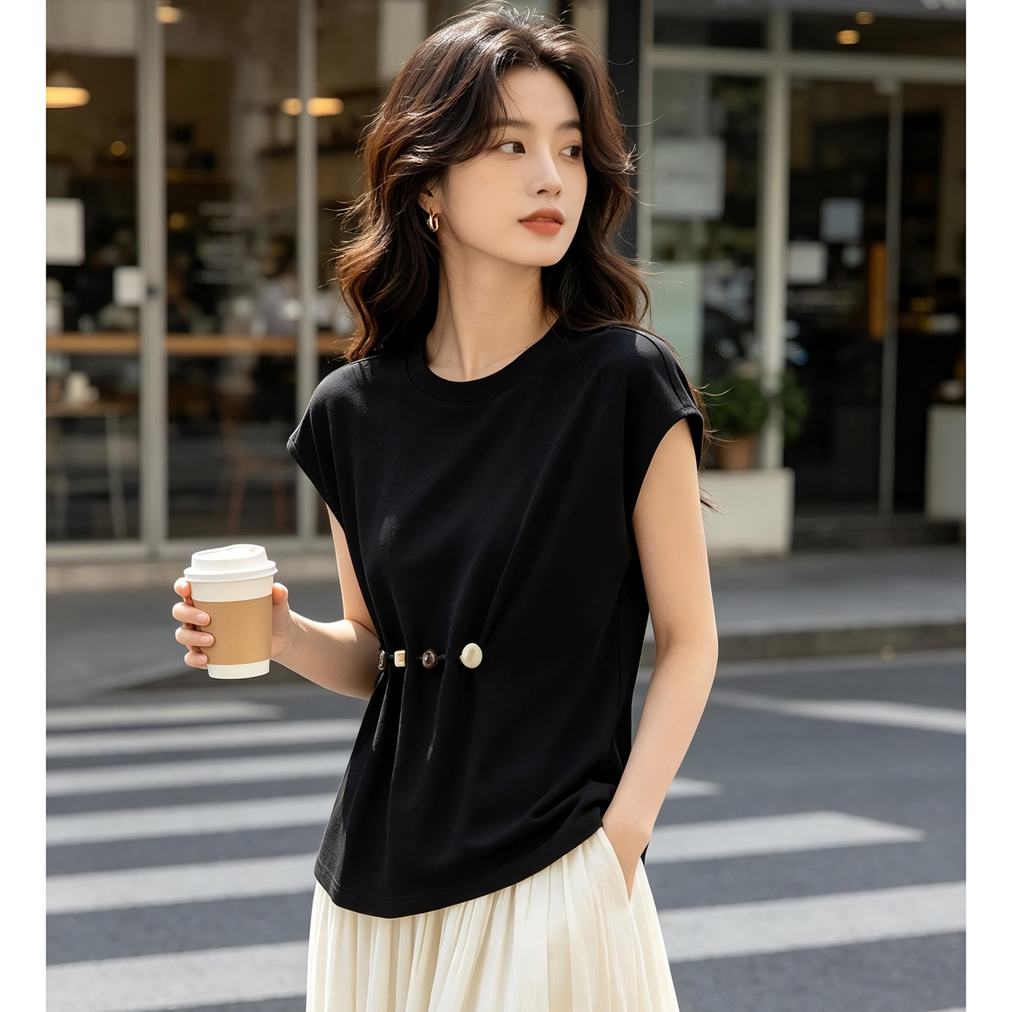 晚白高级感棉T恤女短袖串珠收腰图片