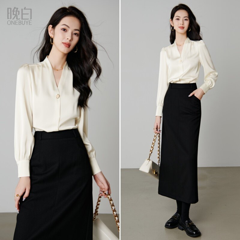 晚白2025秋冬新款气质轻熟V领高级感职场穿搭休闲时尚通勤衬衫女