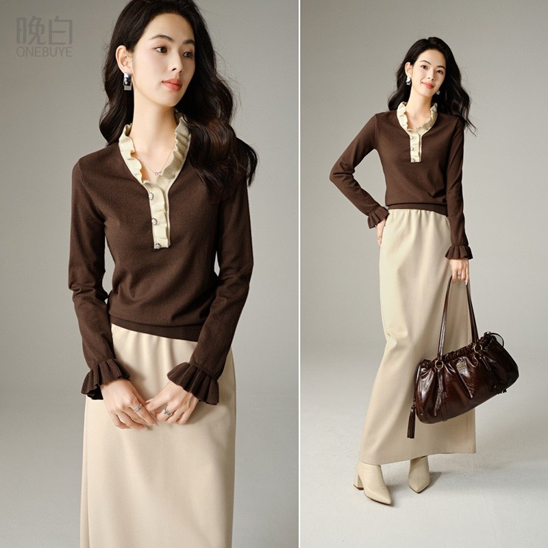 晚白2025秋冬新款时尚简约休闲毛衣气质V领花边优雅针织衫女