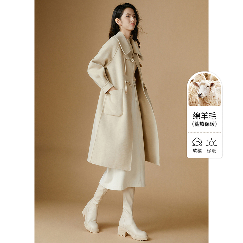 晚白秋冬翻领中长款厚外套纯色减龄通勤韩版双面呢羊毛大衣女