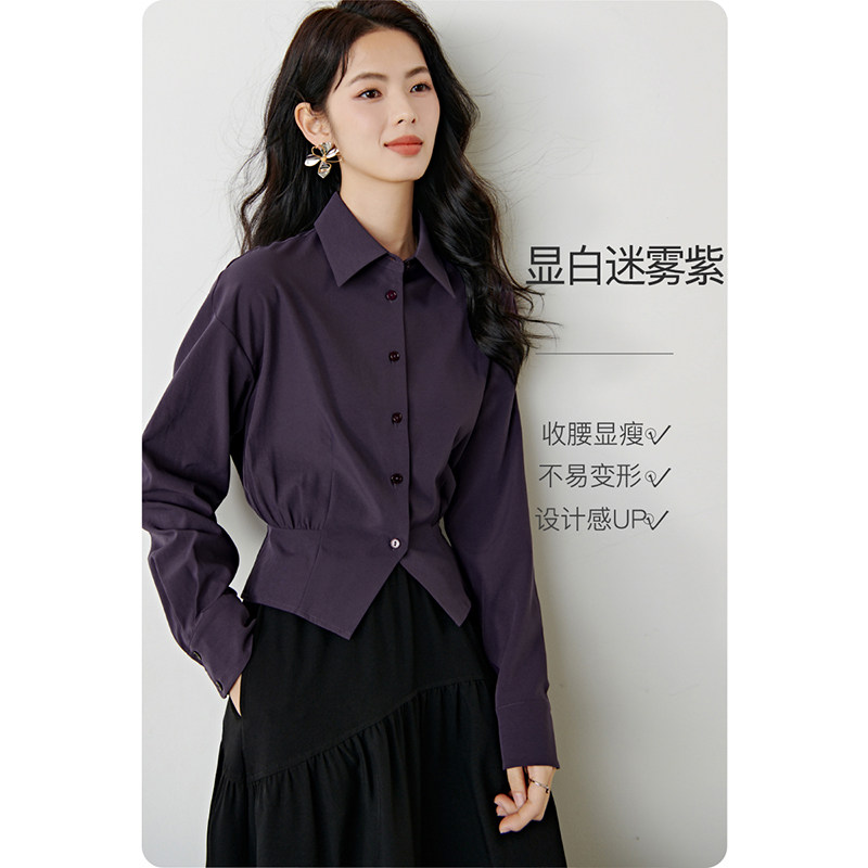 晚白2026春新款法式翻领短款上衣小个子收腰衬衣设计感大码衬衫女