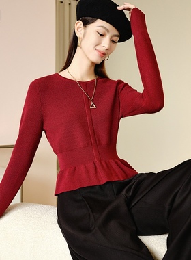晚白2025年秋冬新款时尚新年圆领毛衣气质收腰设计感红色针织衫女