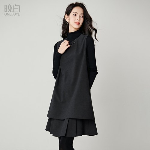 晚白黑色背心裙小个子连衣裙女