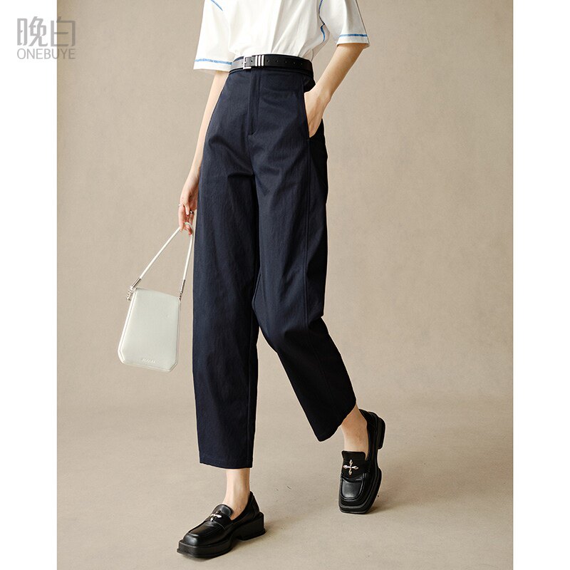 晚白2026年春新款时尚简约半松紧裤子显瘦利落百搭镰刀休闲裤女