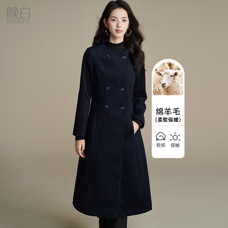 晚白纯色绵羊毛长款大衣外套
