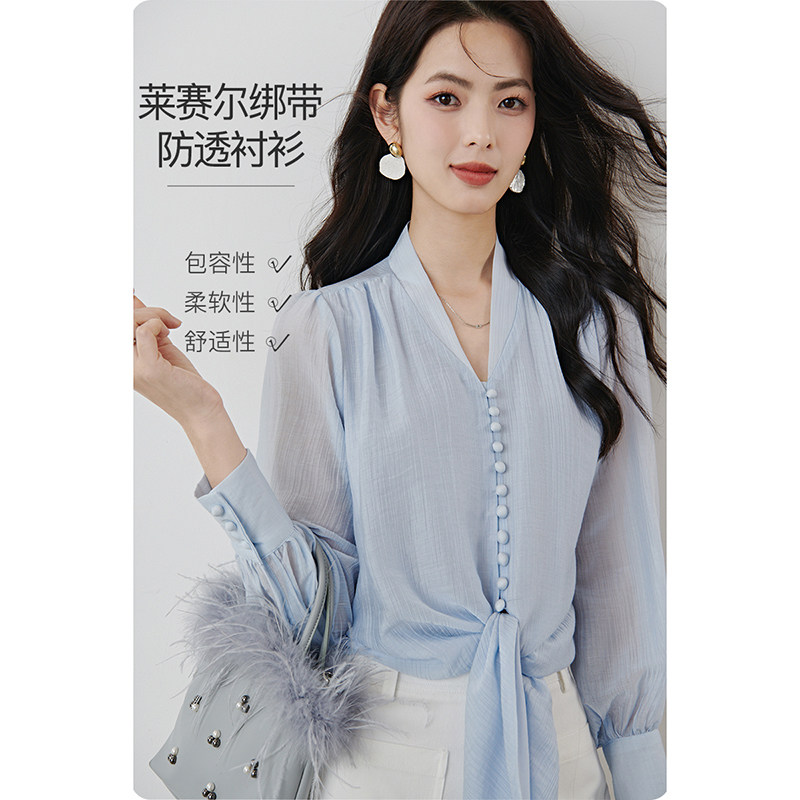 晚白2026年春新款莱赛尔氧感天丝轻薄上衣高腰系带法式显白衬衫女