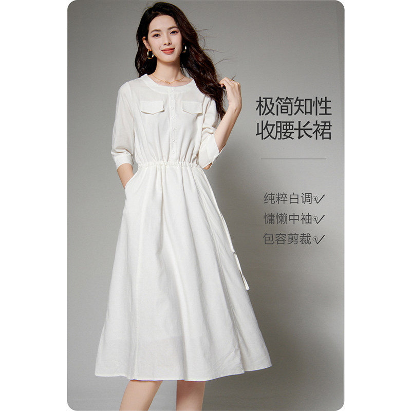 晚白2026年春新款时尚简约棉麻裙子系带收腰气质减龄中袖连衣裙