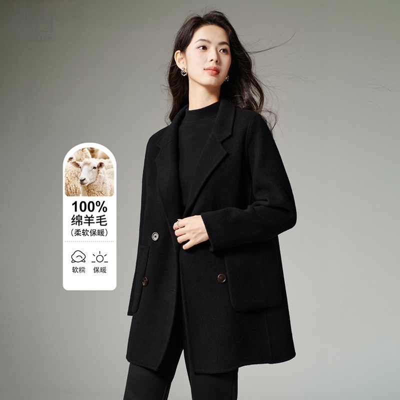 晚白纯色双面呢减龄羊毛大衣