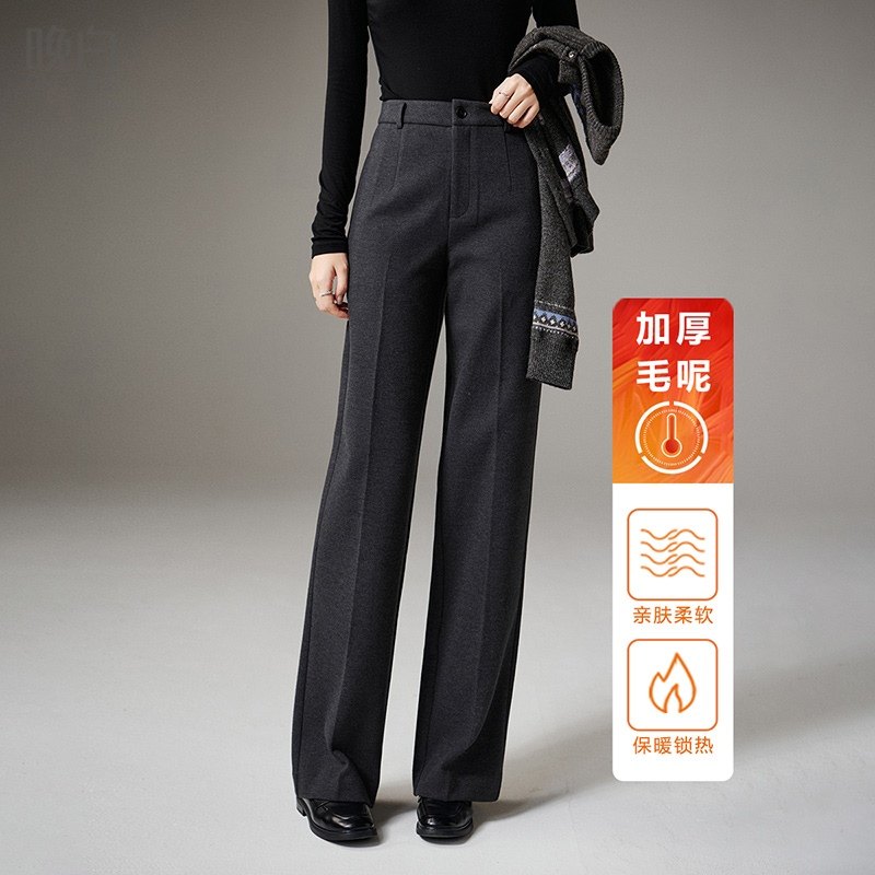 晚白时尚立体分割直筒黑色毛呢加厚裤子休闲裤女2025新款冬