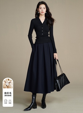 韩系百搭伞裙绵羊毛毛呢褶皱气质舒适长款a字半身裙女2025新款冬