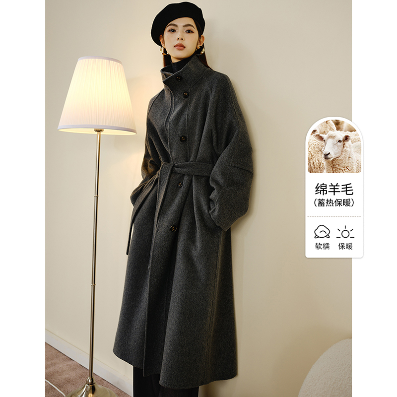 晚白秋冬新款时尚简约休闲外套纯色系带绵羊毛双面呢大衣女