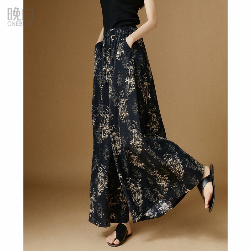 晚白2026年春夏新款时尚新中式印花裙裤松紧高腰宽松阔腿休闲裤女