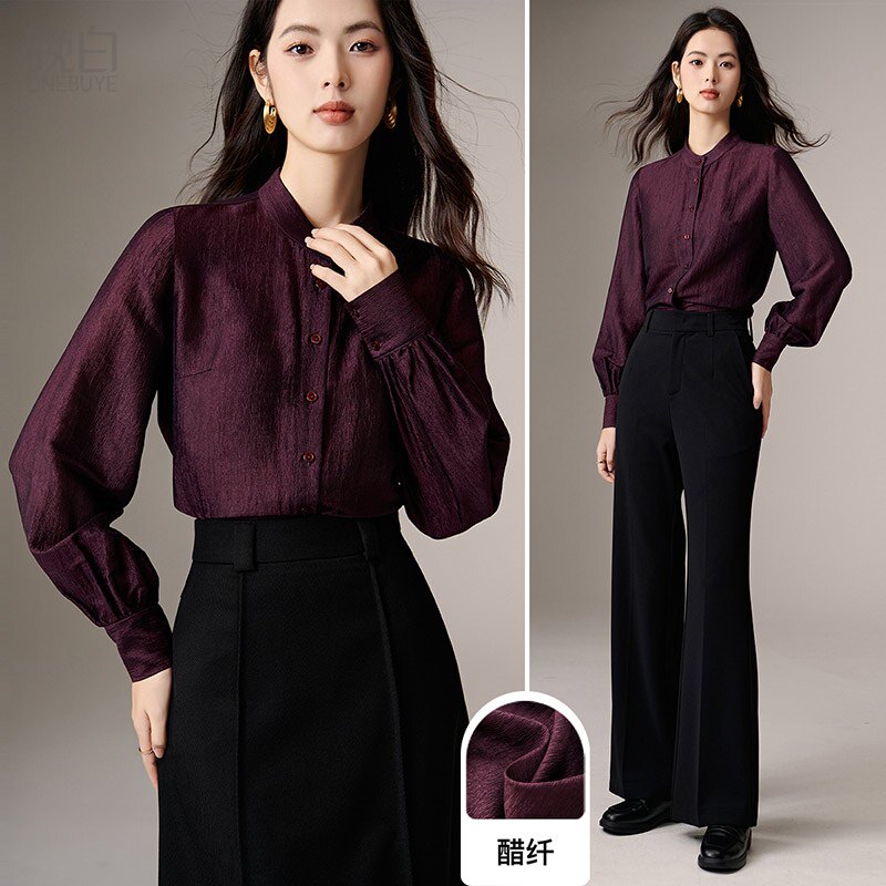 晚白2026春季新款轻熟风优雅知性立领衬衣通勤重磅醋酸衬衫女上衣