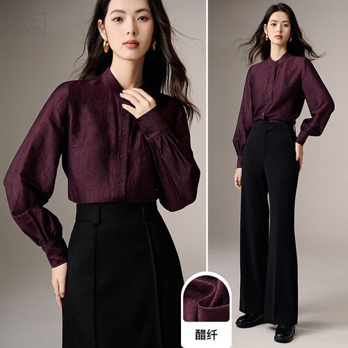 晚白春季新款醋酸衬衫女衬衣