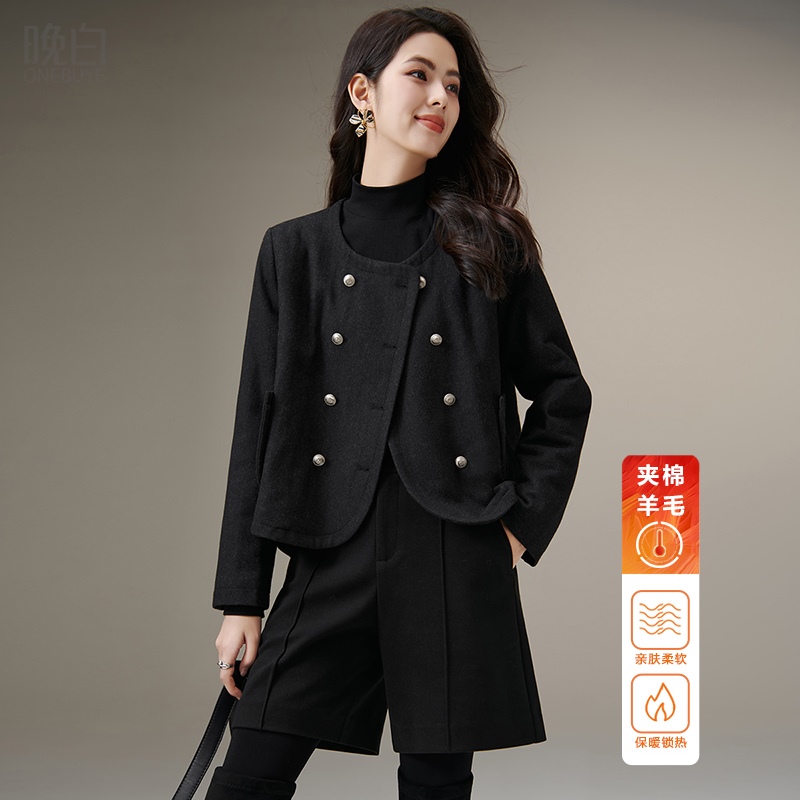 晚白纯色绵羊毛夹棉毛呢外套