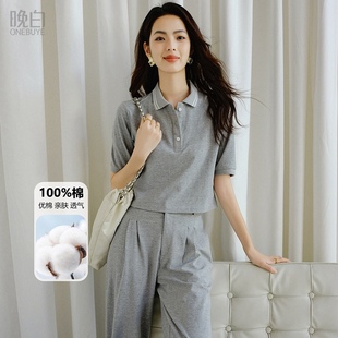 晚白2025年夏新款 女 polo领小个子翻领短袖 亲肤纯棉运动风T恤衫
