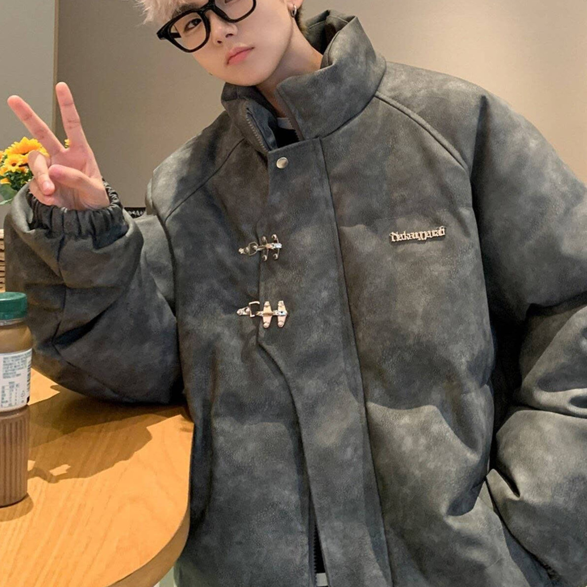 金属飞机扣皮衣外套男2024秋冬新款痞帅潮牌美式复古宽松pu皮棉
